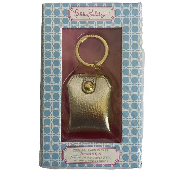 Lilly Pulitzer Wireless Earbud Case Gold AirPods 1, 2, Pro Compatible Ring Clip - Picture 1 of 4